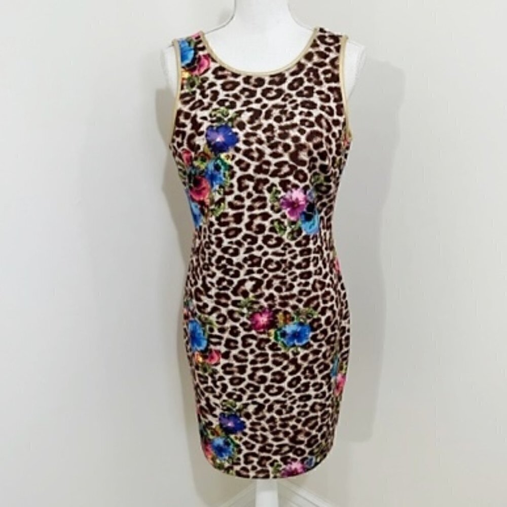 Thalia Sodi Floral & Leopard Print Scuba Dress Sleeveless Sheath